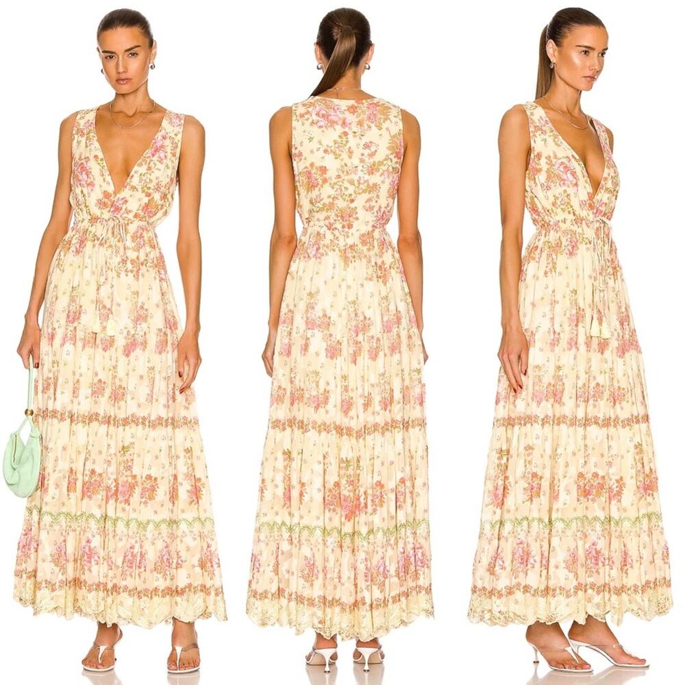 HEMANT & NANDITA Cream Floral Maxi Dress with Pink and Green Accents